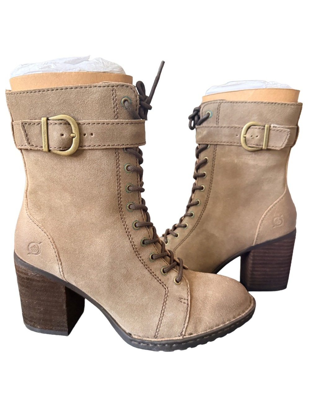 New In Box-Børn Cass Taupe Distressed Suede Lace Up Block Heel Combat Boots 7M